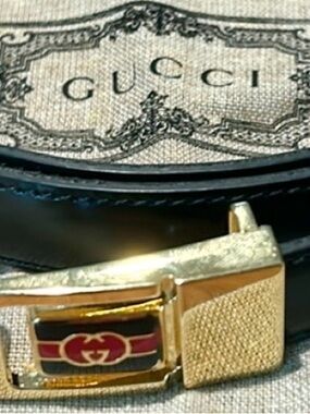 Gucci Black Leather Belt with Gold Buckle and Red Accent